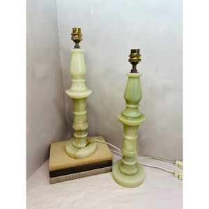 Vintage Pair Carved Onyx Stone Table Lamps Green Neoclassical Rare 16.5"